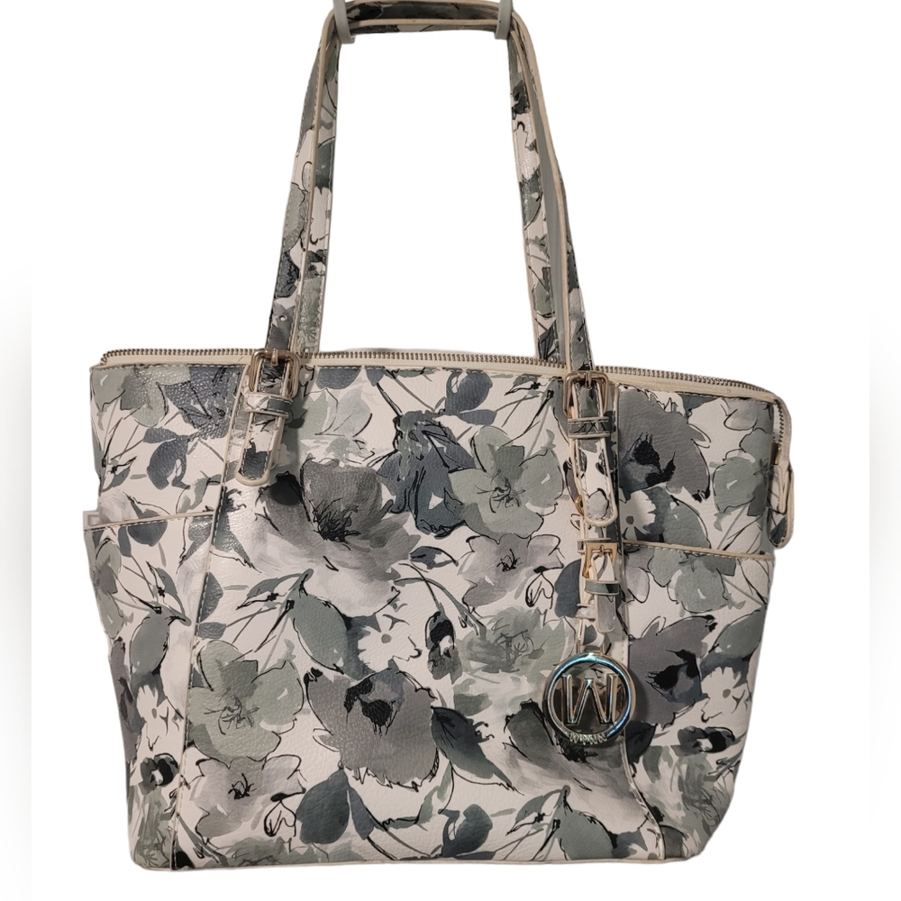 Wynn Classic Floral Handbag Womens Faux Leather Tote Bag 15 in Green Gray White